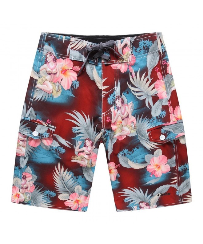 Men's Beach Wear Board Shorts With Pocket In Red Hula Girl Cocktail ...