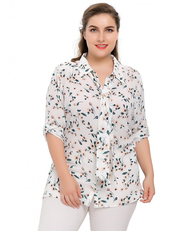 Women's Plus Size Chiffon Button Down Blouse Shirt Top V Neck With Tie ...