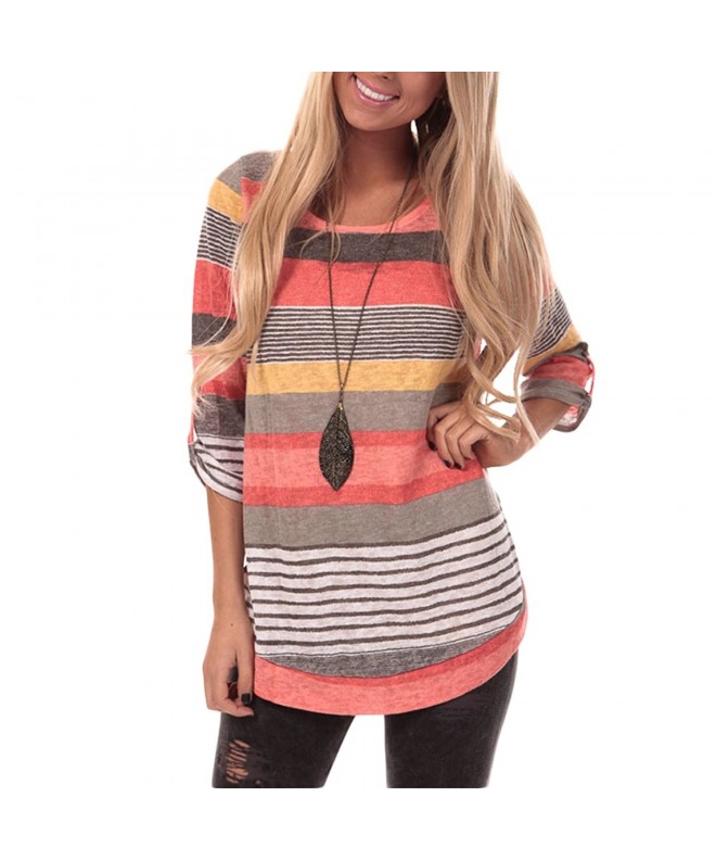 Womens Color Block Stripe Long Sleeve Casual Loose Blouse Tops T-Shirt ...