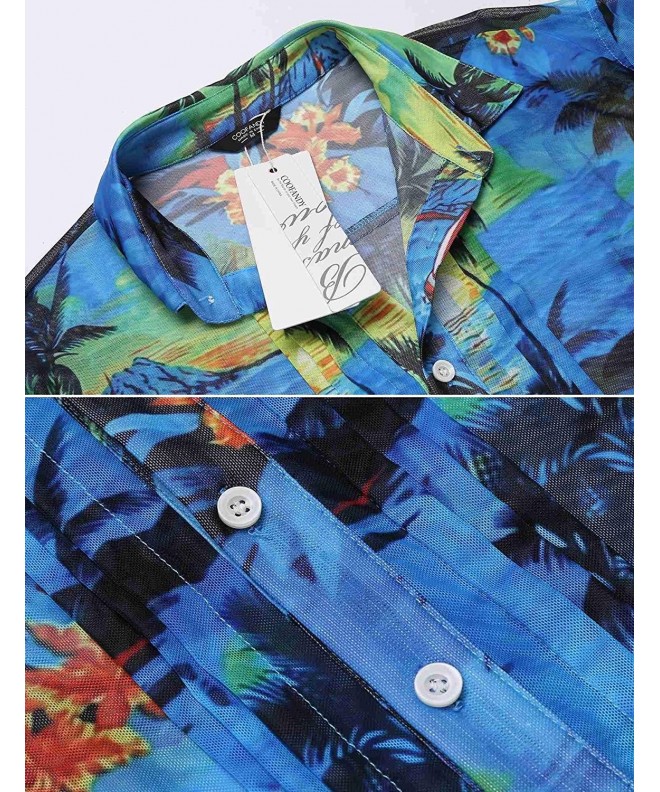 Men's Coconut Tree Print Quick Dry Long Sleeve Hawaiian Shirt - Blue ...