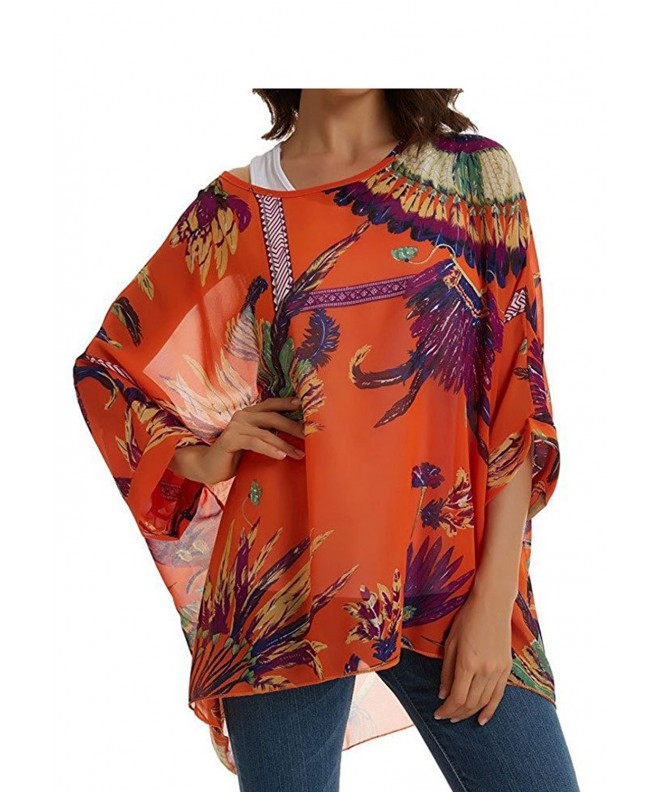 Women Chiffon Blouse Floral Batwing Sleeve Beach Loose Tunic Shirt Tops ...