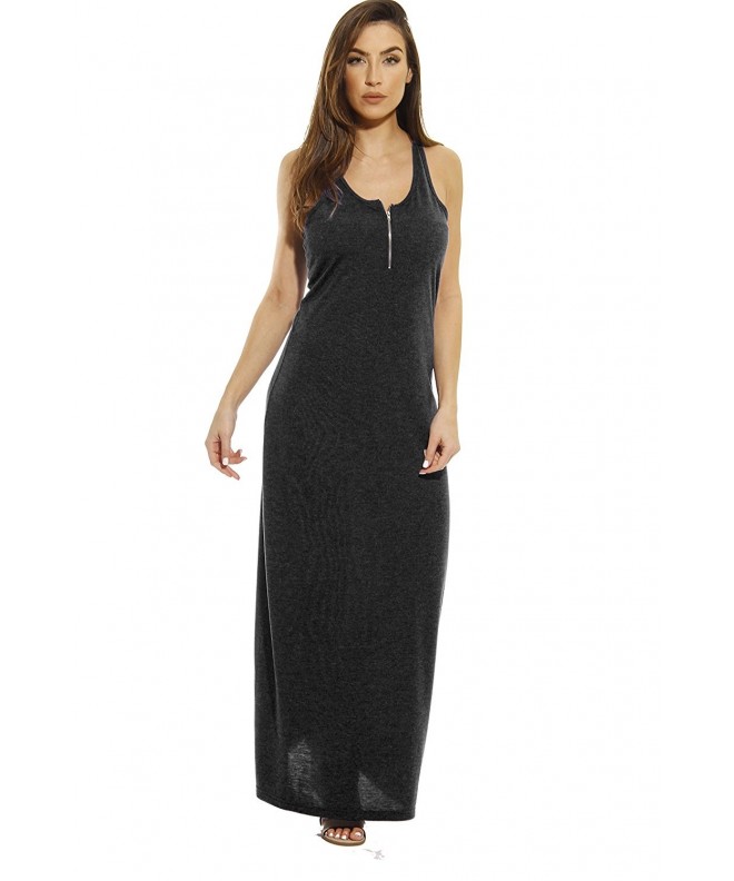 Maxi Dress With Front Zipper Summer Dresses - Heathered Black - CS12N1WQATQ