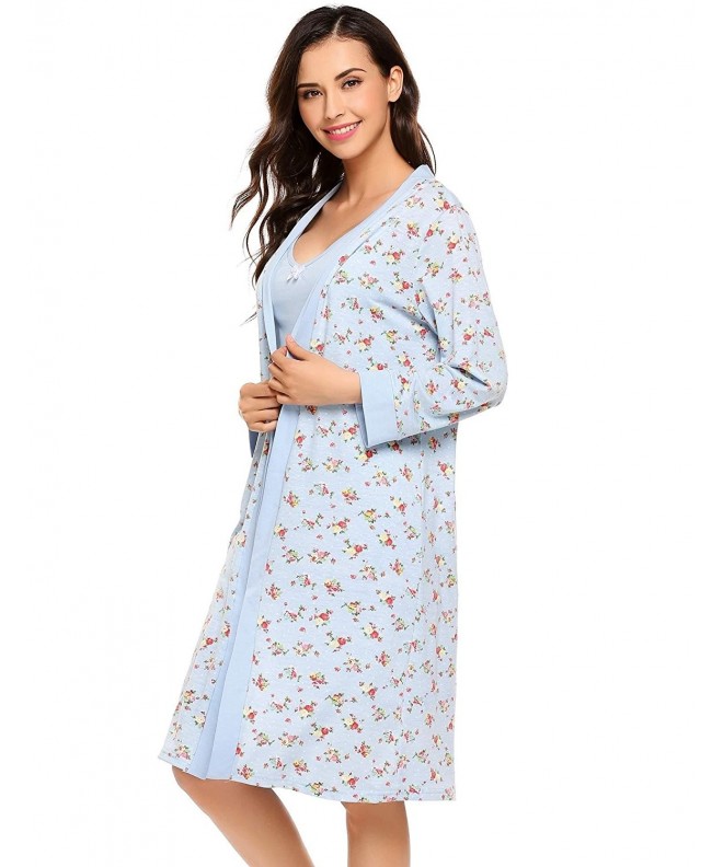 Womens Silky Solid Nightgown Dress Long Sleeve Floral Print Pajamas Set ...