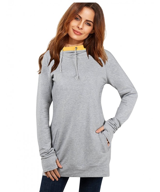 Womens High Necke Long Sleeves Pocket Pullover Hoodie Sweatshirt - Gray ...