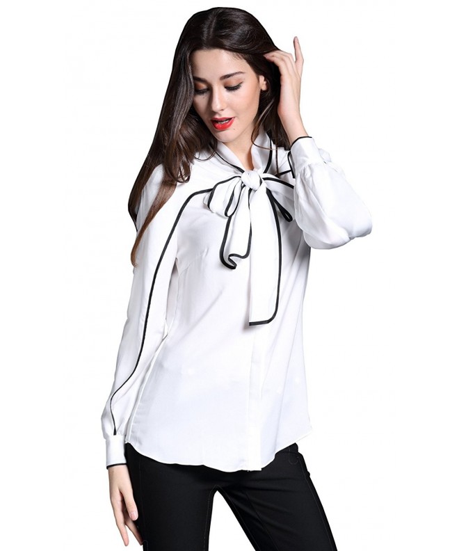 Women Blouses Long Sleeve Stand Collar Bow Tie Button-Down Shirts Tops ...