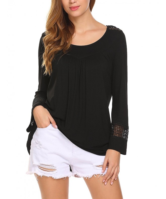 Women's Lace Long Sleeve Loose Tops Pleated Blouse Tunic Shirts - Black ...