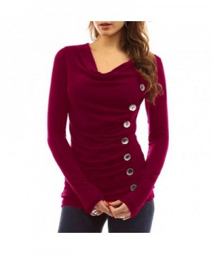 Villelove Sleeves Buttons Ruched Burgundy