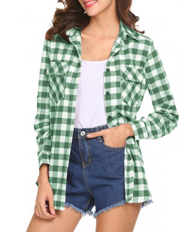 Women's Casual Roll Up Long Sleeve Boyfriend Plaid Button Down Flannel ...