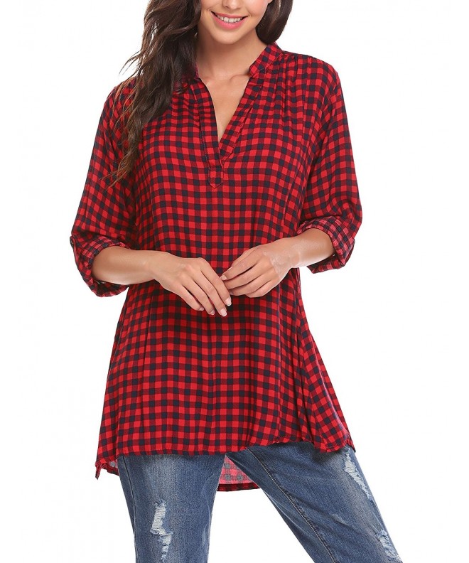 Women's Casual Long Sleeve Plaid Shirts V-Neck Tunic Pullover Blouse ...