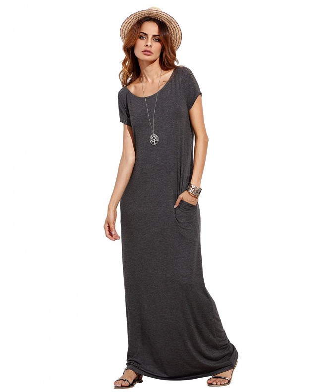 Women's Short Sleeve Loose Casual Plain Long Maxi Dress - Dark Grey ...