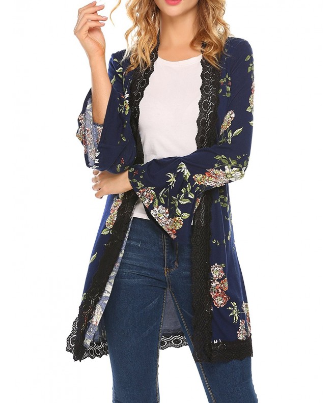 Women's Floral Print Bell Sleeve Kimono Lace Patchwork Drape Open Front ...