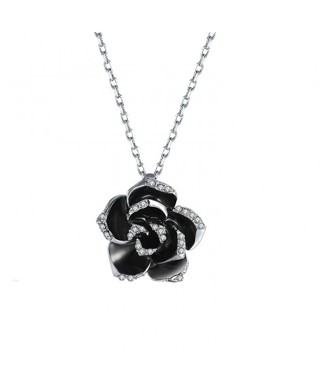 Women's Elegant Black Flower Rhinestone Crystal Pendant Necklace 18 ...