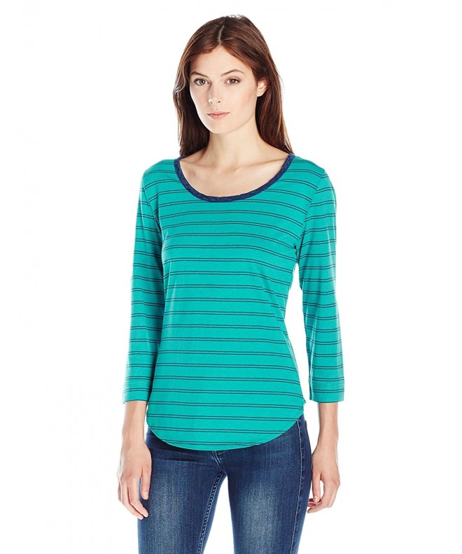 Women's 3/4 Sleeve Stripe Knit Shirt With Lace Trim Neck - Dynasty ...