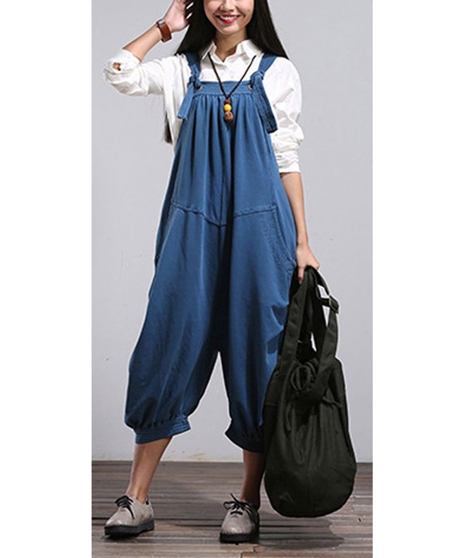 Women's Linen Classic Bib Overalls Rolled Up Pant with Drawstring ...
