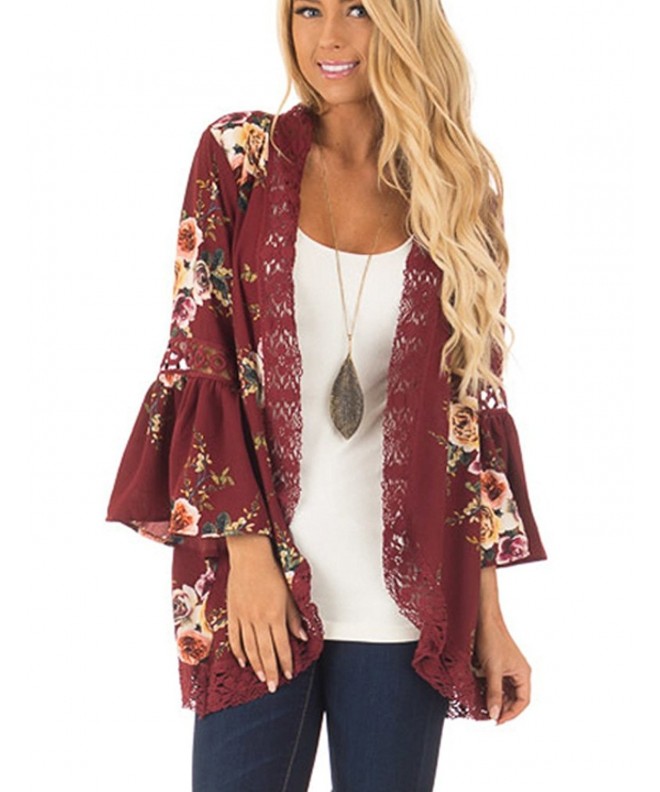 Womens Floral Loose Bell Sleeve Kimono Cardigan Lace Patchwork Cover Up ...