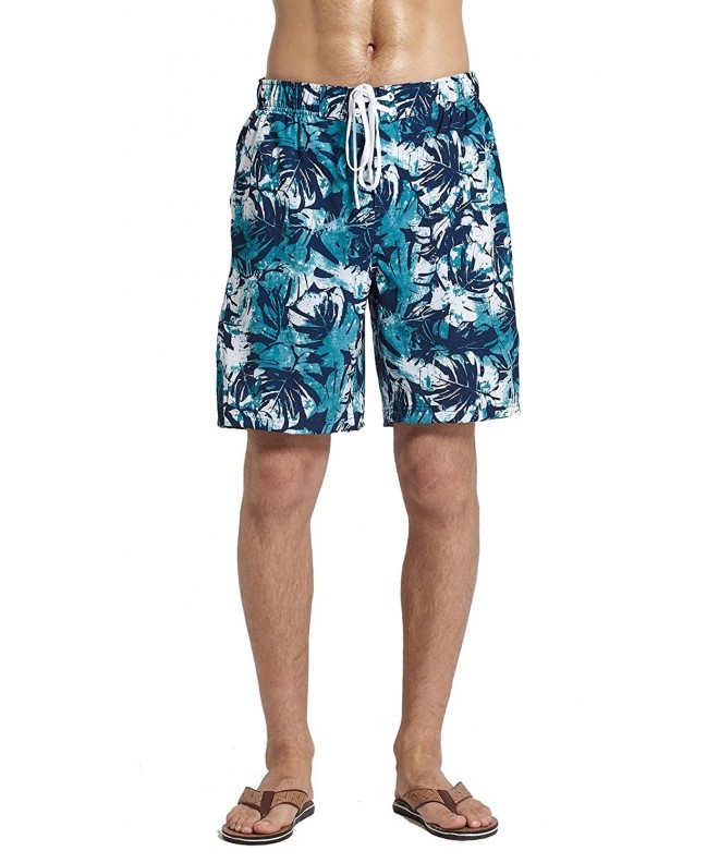 Men's Swim Trunks Board Shorts - Teal Tropical Leaves Print - C018285MCIL