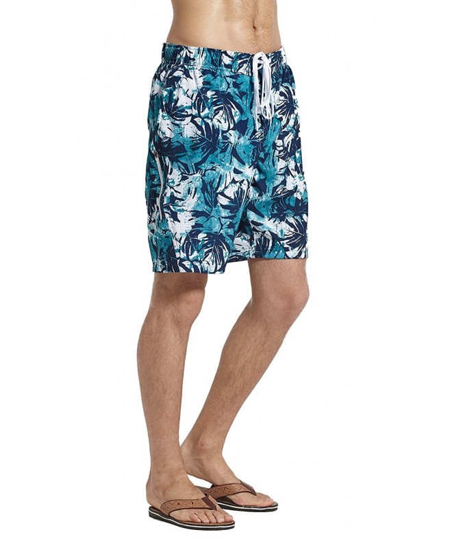 Men's Swim Trunks Board Shorts - Teal Tropical Leaves Print - C018285MCIL