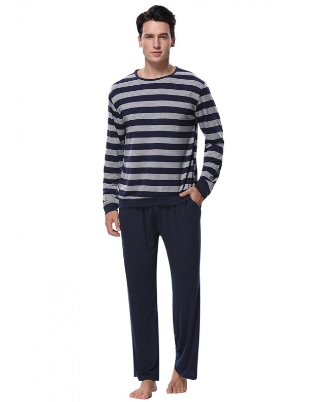 Mens Cotton Pajama Long Sleeve Striped Top and Bottom Pajama Set - Navy ...