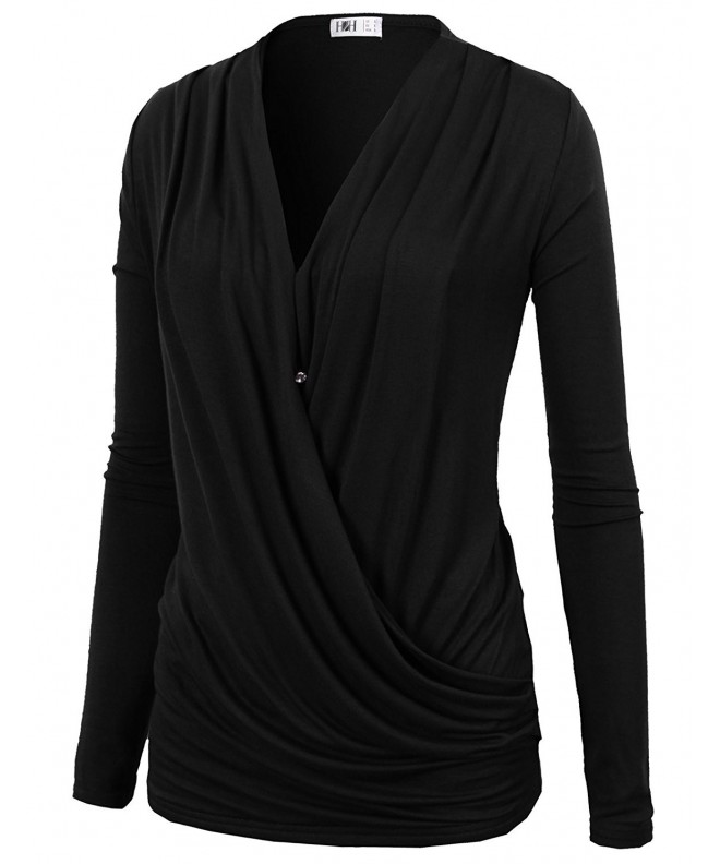Womens Comfy Crossover Front V-Neck Ruched Long Sleeve Blouse Top ...