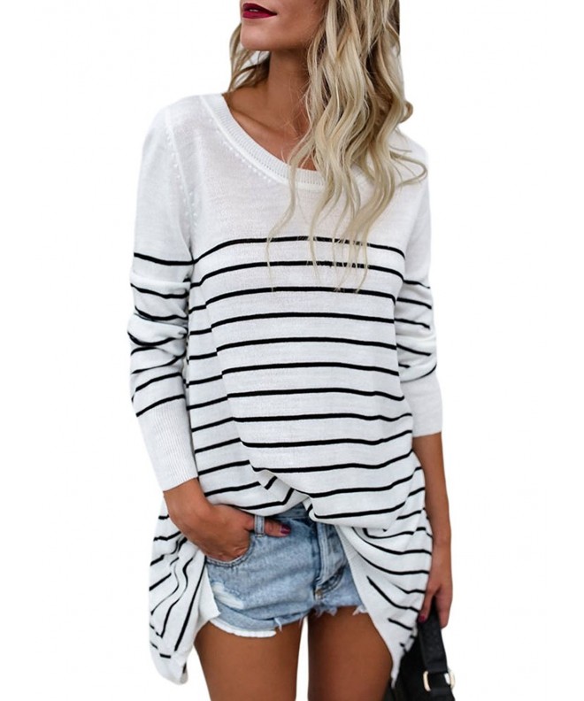 Women Crew Neck Stripes Loose Knit Sweater Pullover Tops - White ...