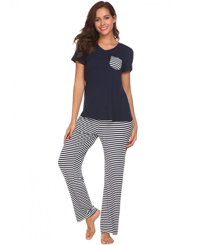 Pajama Set Womens Striped Sleepwear Short Sleeve Top & Pants Pjs - Navy ...