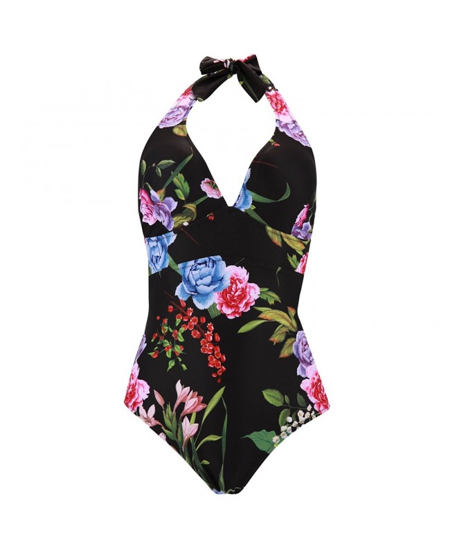 Vintage Floral Print One Piece Swimsuit For Women- Padded Halter ...