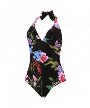 Vintage Floral Print One Piece Swimsuit For Women- Padded Halter ...