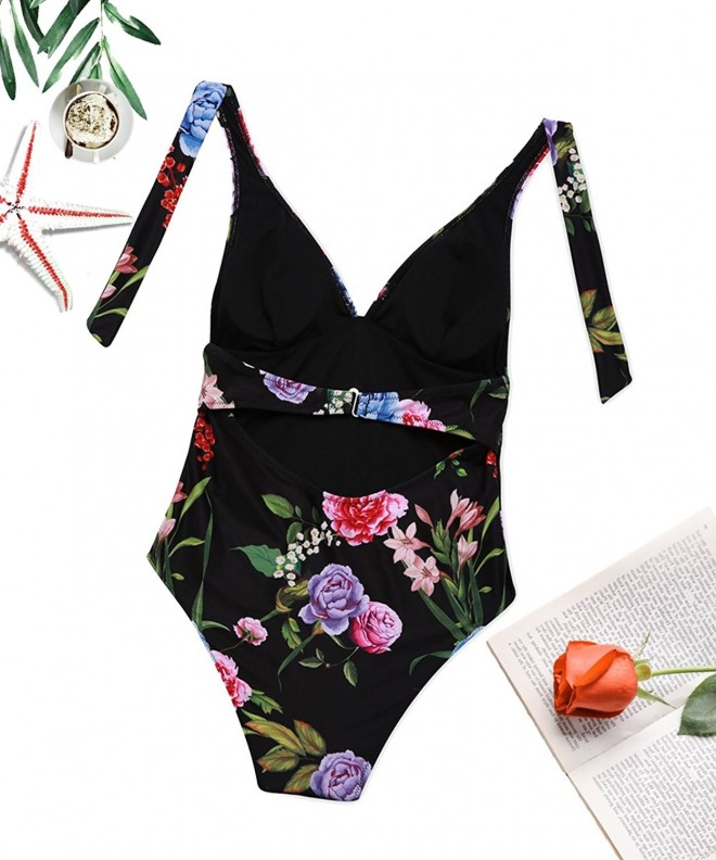 Vintage Floral Print One Piece Swimsuit For Women- Padded Halter ...