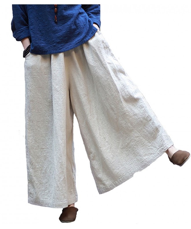 Women's Casual Linen Wide Leg Pants Fall Culottes Trousers With Elastic ...