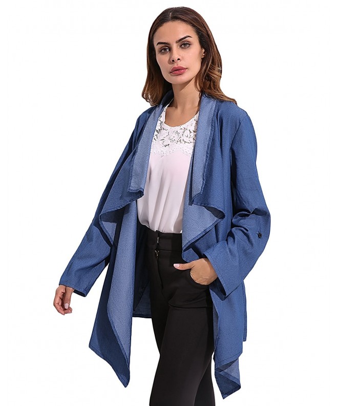 Women's Open Front Loose Outwear Long Denim Trench Coat Cardigan - Blue ...