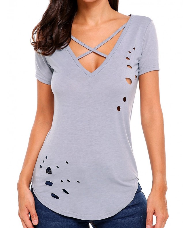 Women's Sexy Deep V Neck Cross Front Distressed Short Sleeve Tops - 001 ...